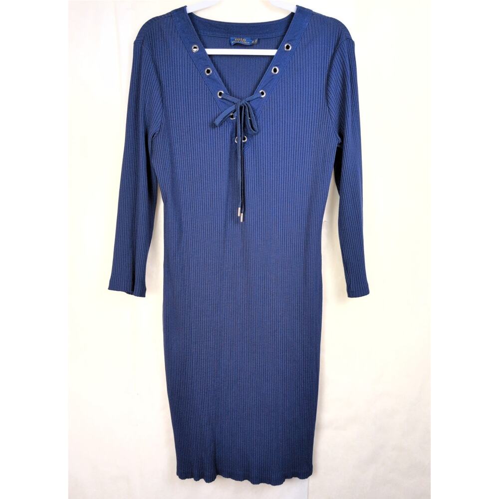 Polo Ralph Lauren navy blue ribbed knit lace up midi dress Sz XL Preppy Minimal - Picture 2 of 9